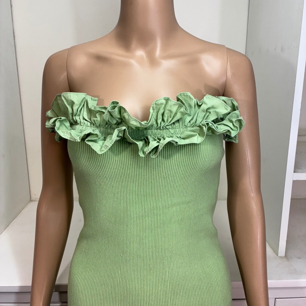 Green Ribbed Knit Strapless Ruffle Trim Mini Dress Womens M - Picture 3 of 6